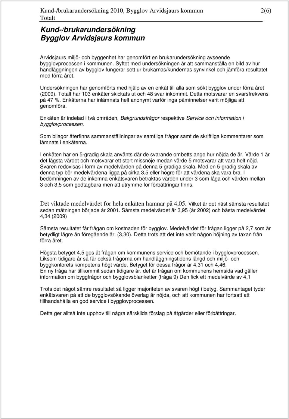 Undersökningen har genomförts med hjälp av en enkät till alla som sökt bygglov under förra året (2009). har 103 enkäter skickats ut och 48 svar inkommit. Detta motsvarar en svarsfrekvens på 4 %.