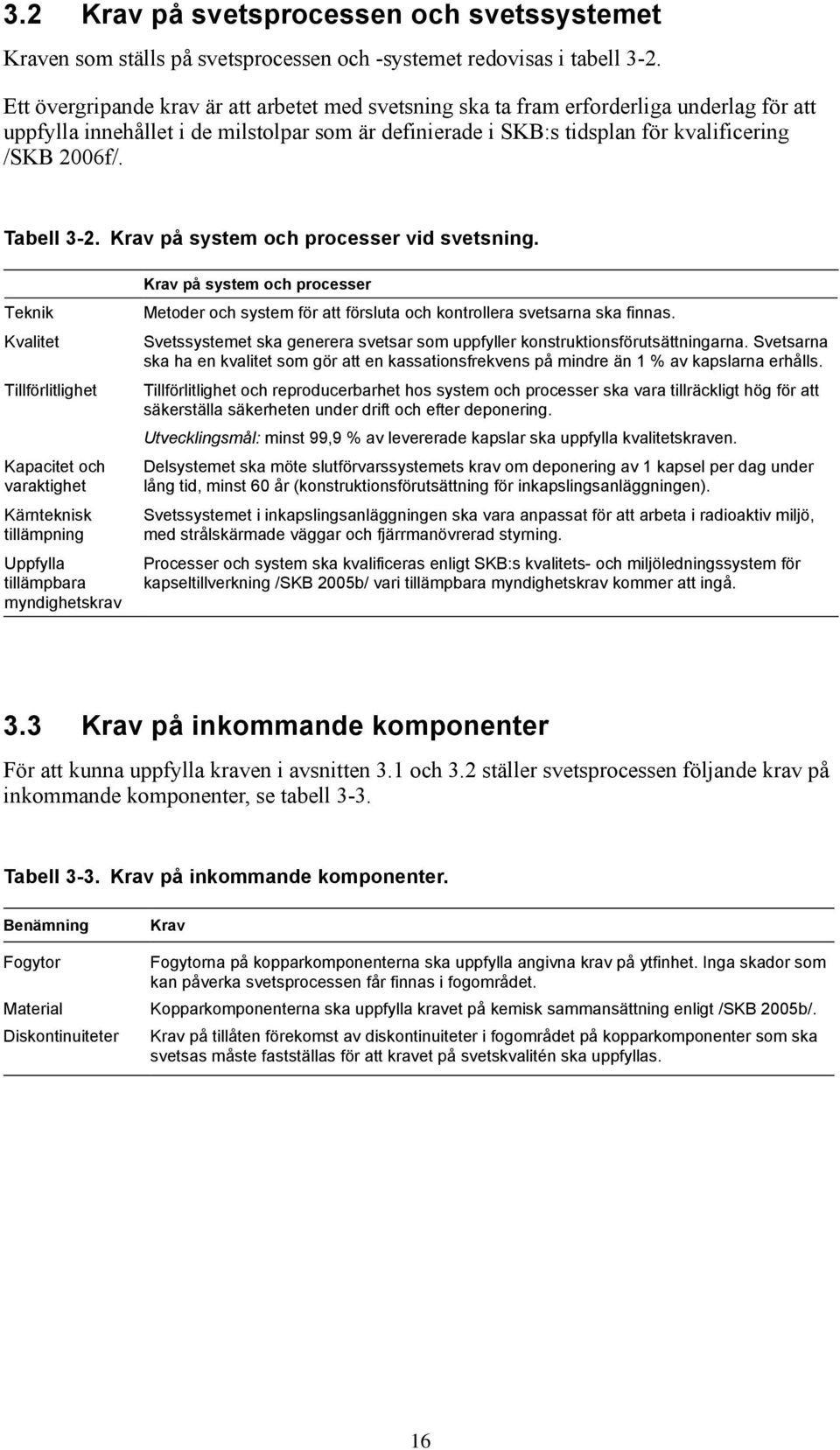 Tabell 3-2. Krav på system och processer vid svetsning.