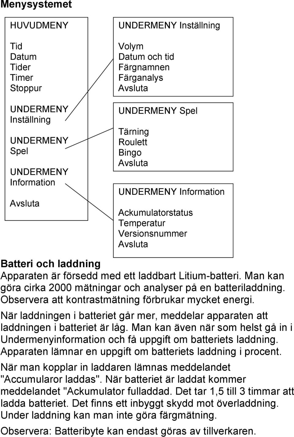 Man kan göra cirka 2000 mätningar och analyser på en batteriladdning. Observera att kontrastmätning förbrukar mycket energi.