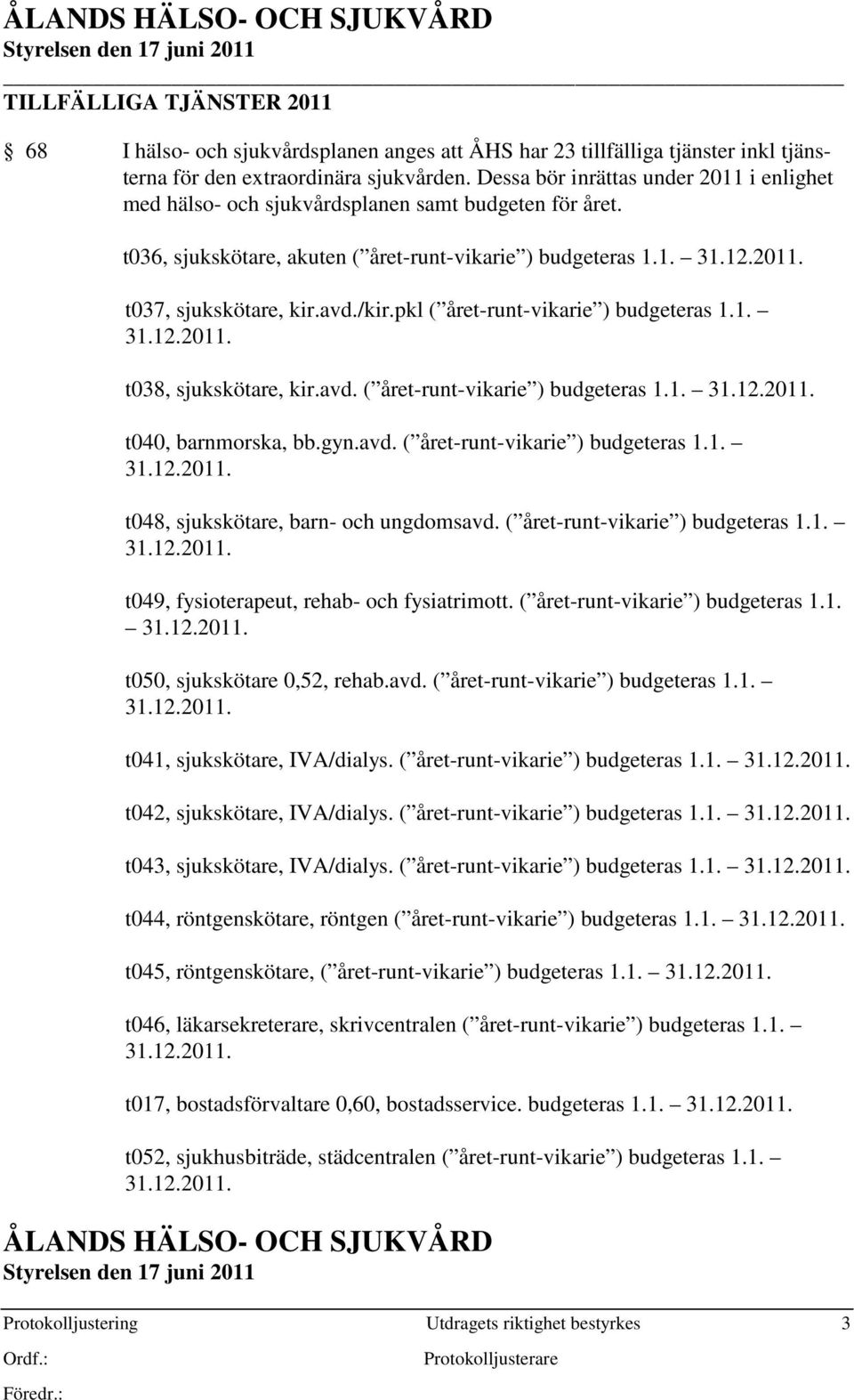 pkl ( året-runt-vikarie ) budgeteras 1.1. t038, sjukskötare, kir.avd. ( året-runt-vikarie ) budgeteras 1.1. t040, barnmorska, bb.gyn.avd. ( året-runt-vikarie ) budgeteras 1.1. t048, sjukskötare, barn- och ungdomsavd.