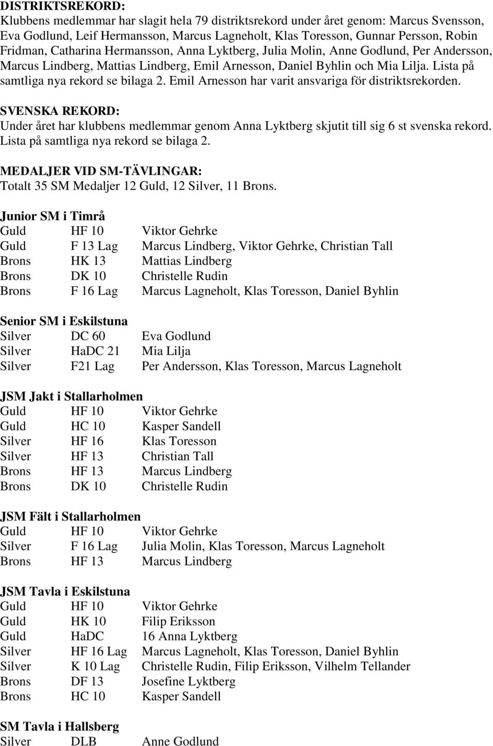 Emil Arnesson har varit ansvariga för distriktsrekorden. SVENSKA REKORD: Under året har klubbens medlemmar genom Anna Lyktberg skjutit till sig 6 st svenska rekord.