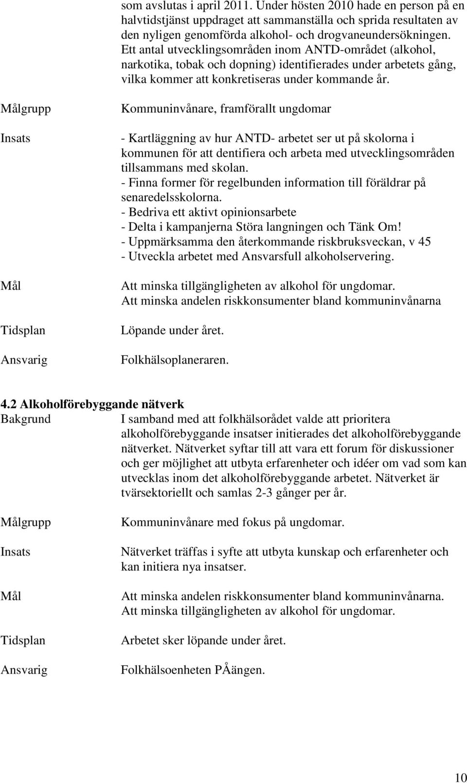 grupp Kommuninvånare, framförallt ungdomar - Kartläggning av hur ANTD- arbetet ser ut på skolorna i kommunen för att dentifiera och arbeta med utvecklingsområden tillsammans med skolan.