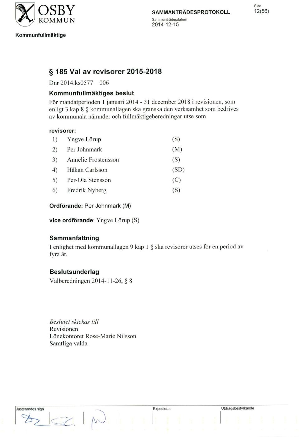 och fullmäktigeberedningar utse som revisorer: 1) Yngve Lörup (S) 2) Per Johnmark (M) 3) Annelie Frostensson (S) 4) Håkan Carlsson (SD) 5) Per-Ola Stensson (C) 6) Fredrik Nyberg