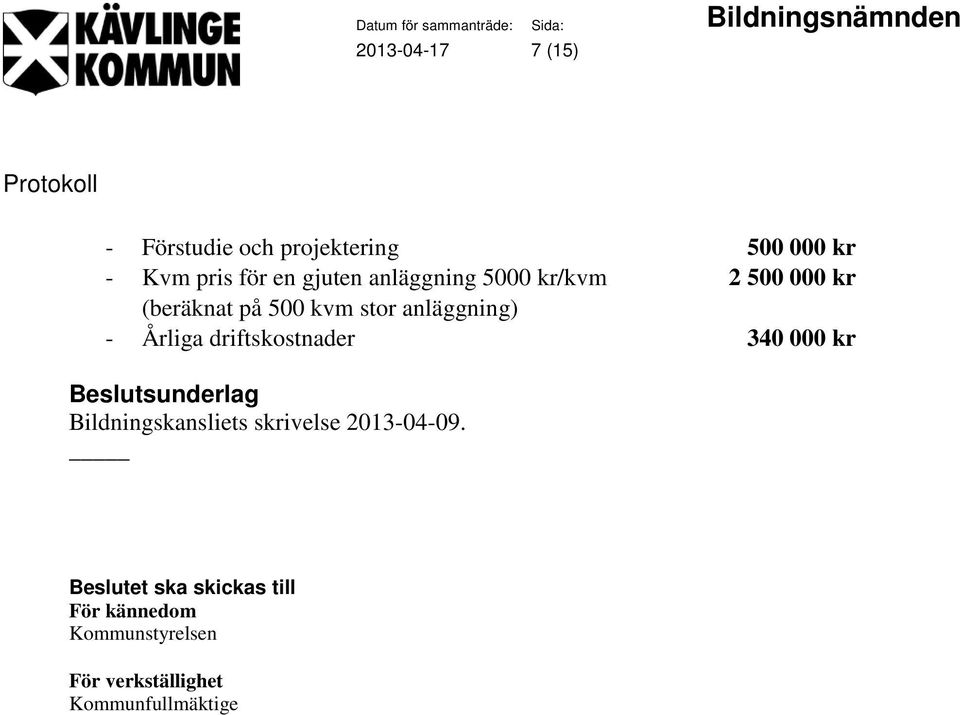 driftskostnader 340 000 kr sunderlag Bildningskansliets skrivelse 2013-04-09.