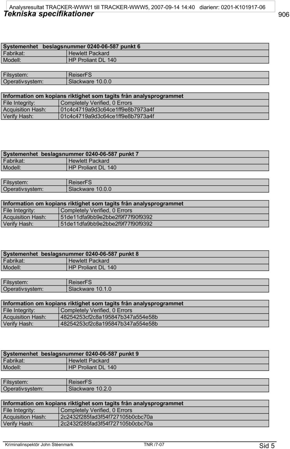 40-06-587 punkt 6 Operativsystem: Slackware 10.0.0 Acquisition Hash: 01c4c4719a9d3c64ce1ff9e8b7973a4f Verify Hash: 01c4c4719a9d3c64ce1ff9e8b7973a4f 40-06-587 punkt 7 Operativsystem: Slackware 10.