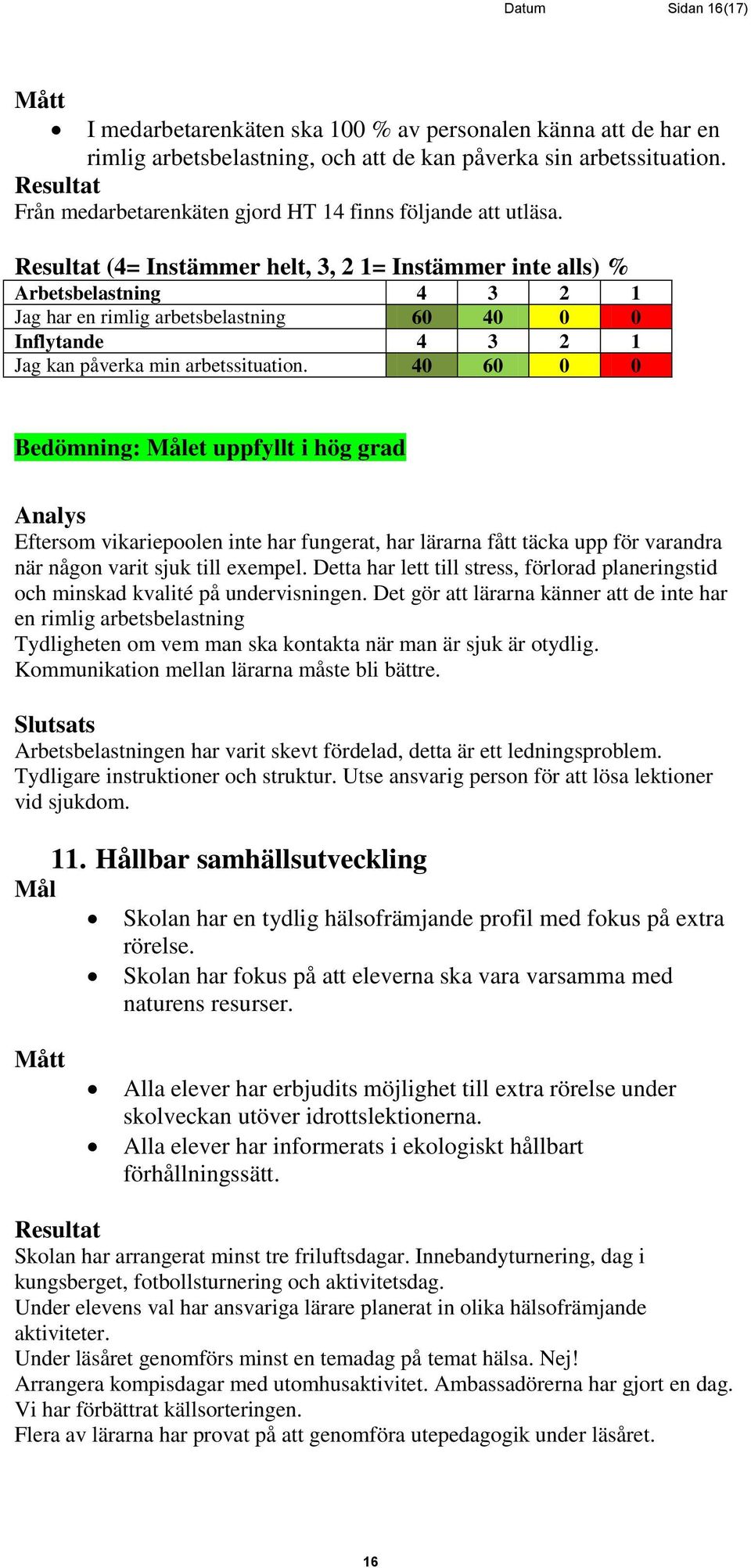 Resultat (4= Instämmer helt, 3, 2 1= Instämmer inte alls) % Arbetsbelastning 4 3 2 1 Jag har en rimlig arbetsbelastning 60 40 0 0 Inflytande 4 3 2 1 Jag kan påverka min arbetssituation.