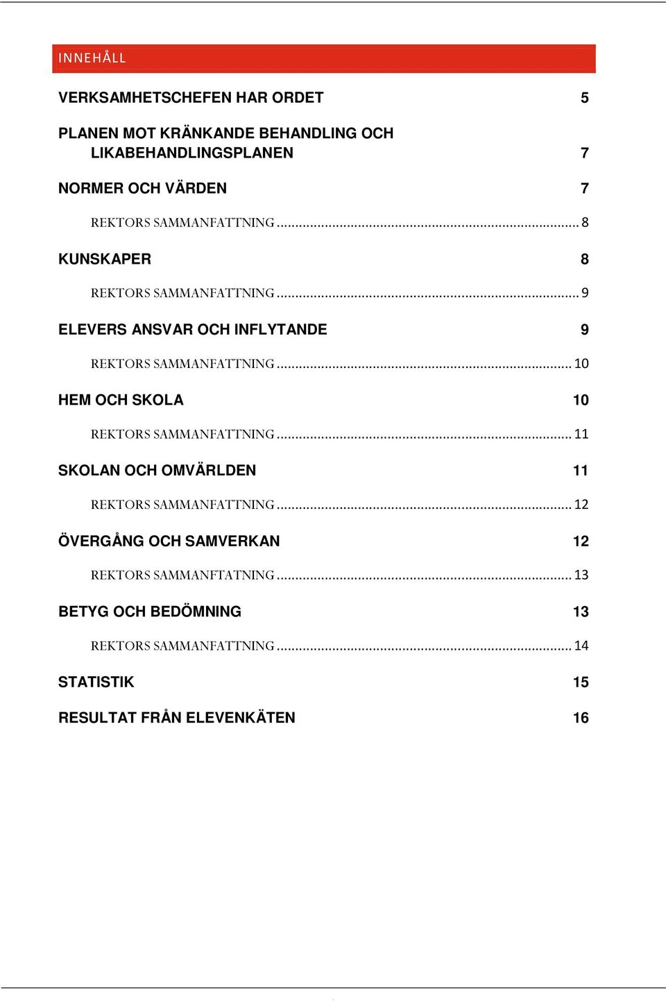 .. 10 HEM OCH SKOLA 10 REKTORS SAMMANFATTNING... 11 SKOLAN OCH OMVÄRLDEN 11 REKTORS SAMMANFATTNING.