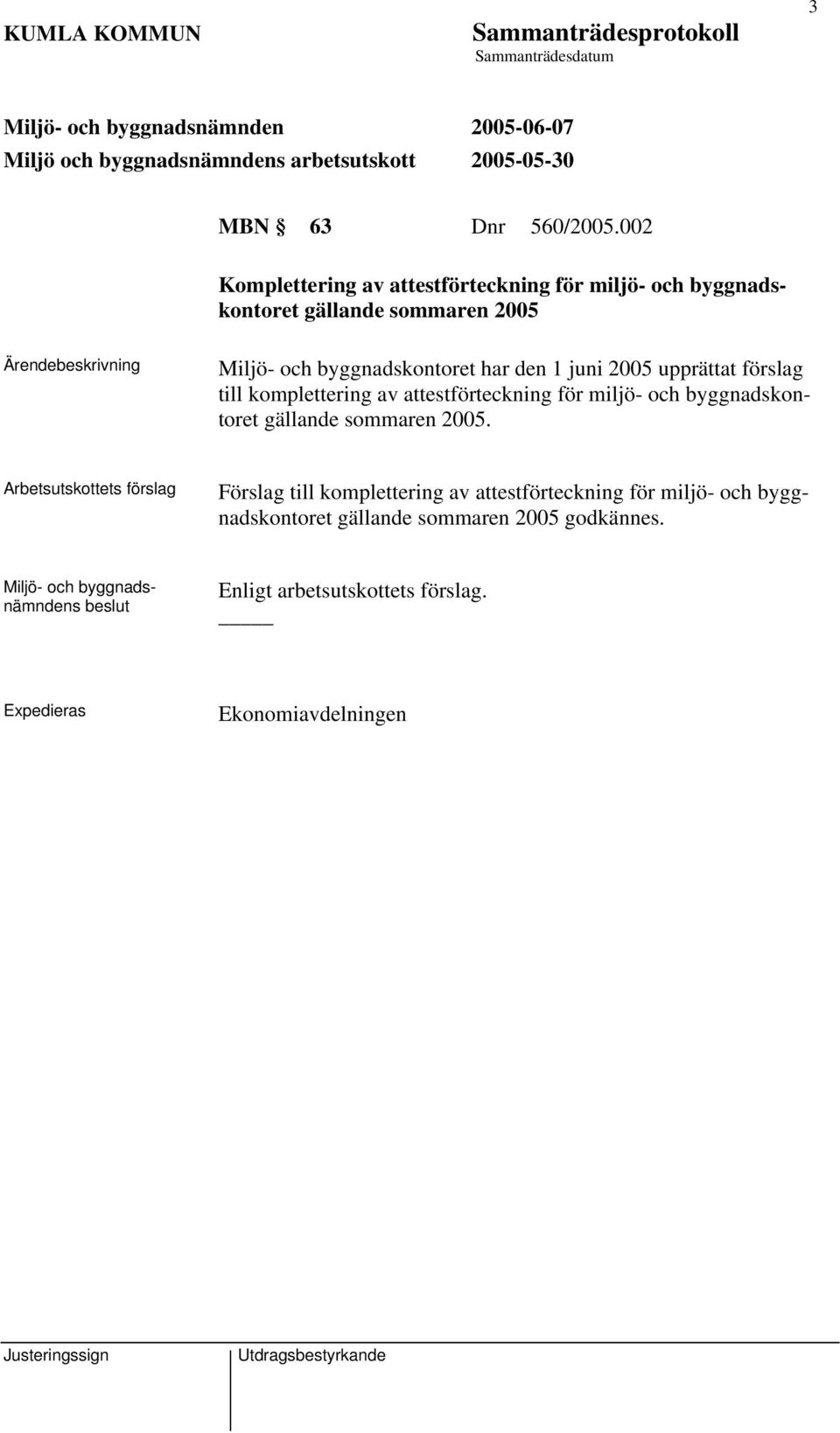 byggnadskontoret har den 1 juni 2005 upprättat förslag till komplettering av attestförteckning för miljö- och