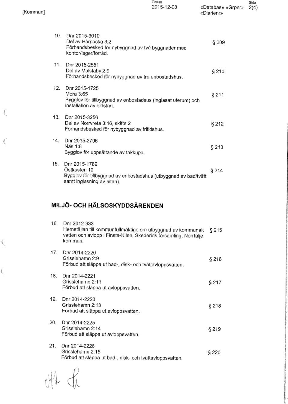 Dnr 2015-3256 De! av Norrvreta 3:16, skifte 2 212 Förhandsbesked för nybyggnad av fritidshus. 14. Dnr 2015-2796 Näs 1:8 213 Bygglov för uppsättande av takkupa, 15.