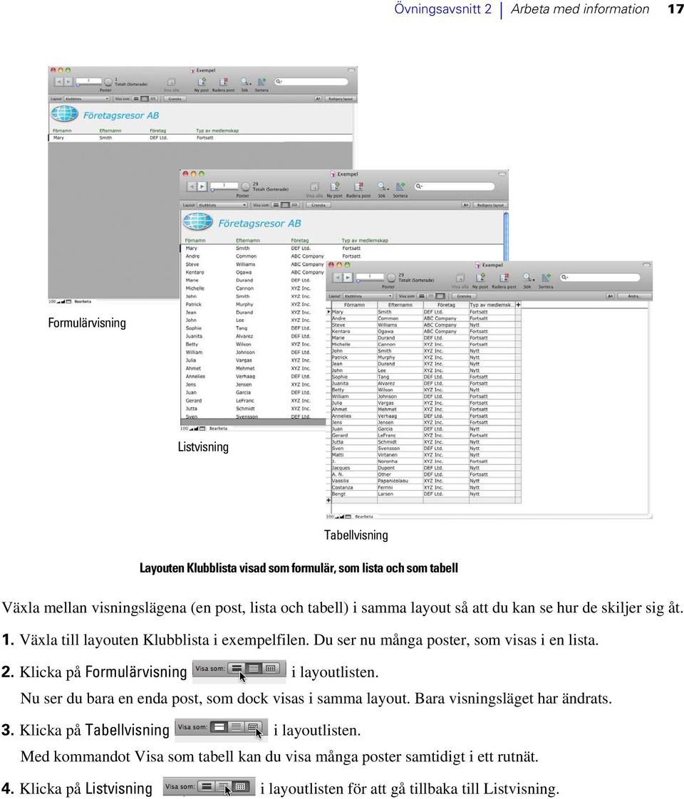 Du ser nu många poster, som visas i en lista. 2. Klicka på Formulärvisning i layoutlisten. Nu ser du bara en enda post, som dock visas i samma layout.