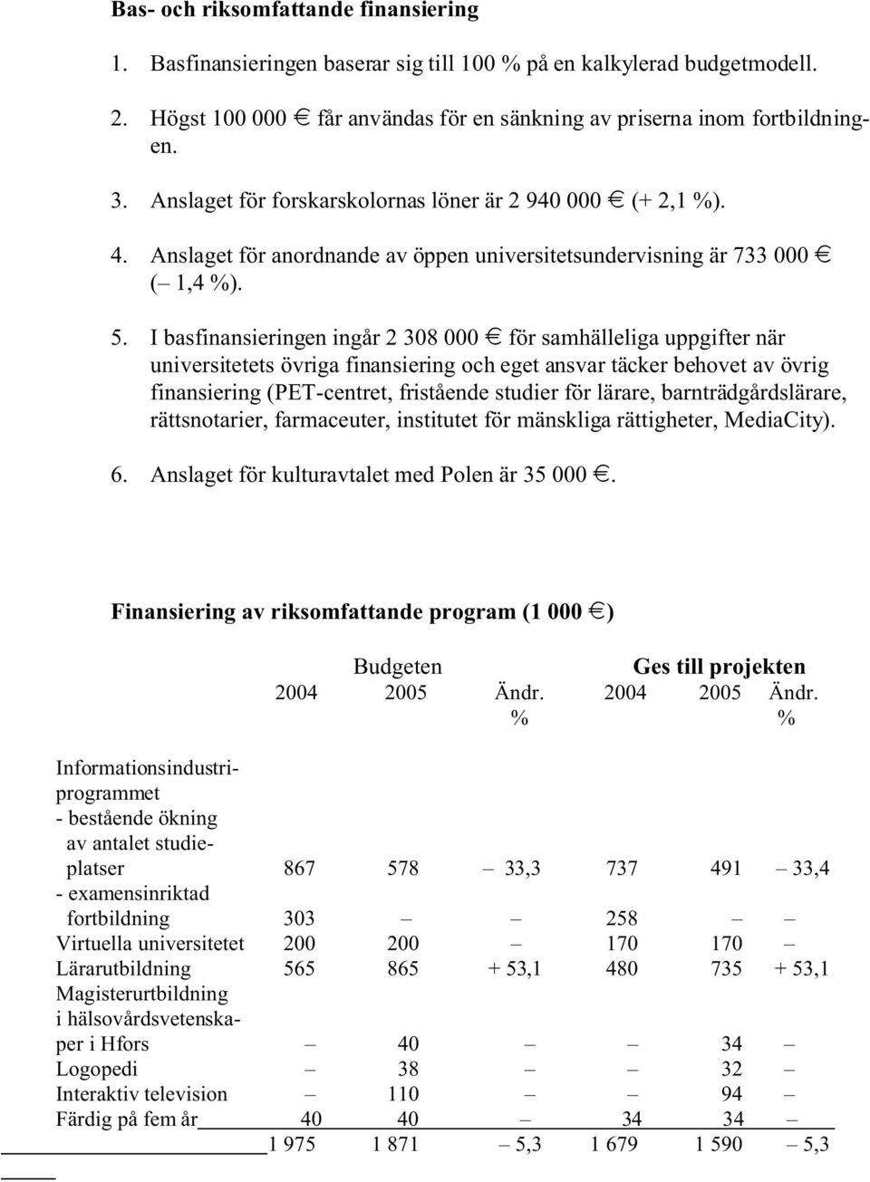 I basfinansieringen ingår 2 308 000 i för samhälleliga uppgifter när universitetets övriga finansiering och eget ansvar täcker behovet av övrig finansiering (PET-centret, fristående studier för