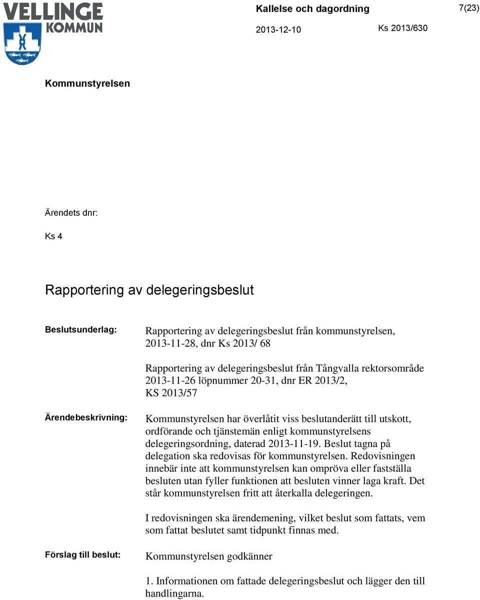 daterad 2013-11-19. Beslut tagna på delegation ska redovisas för kommunstyrelsen.