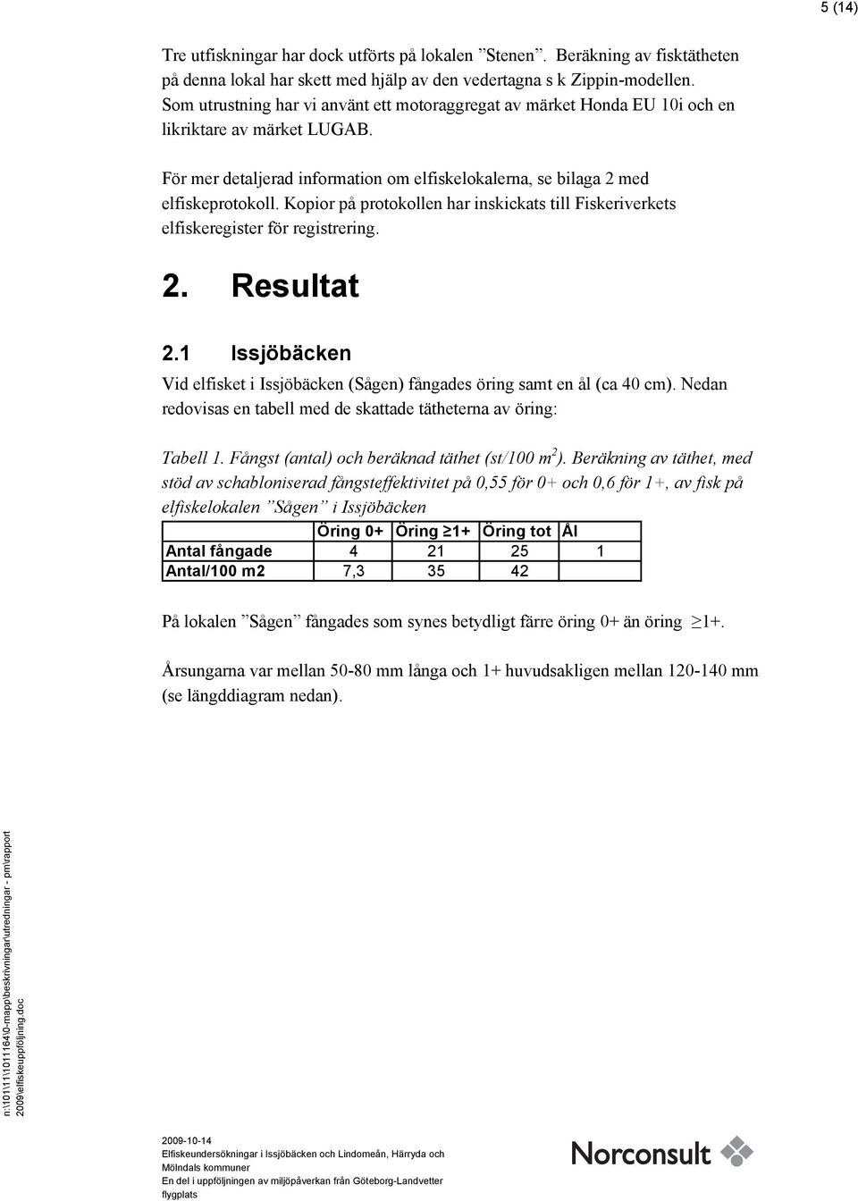 Kopior på protokollen har inskickats till Fiskeriverkets elfiskeregister för registrering. 2. Resultat 2.1 Issjöbäcken Vid elfisket i Issjöbäcken (Sågen) fångades öring samt en ål (ca 40 cm).