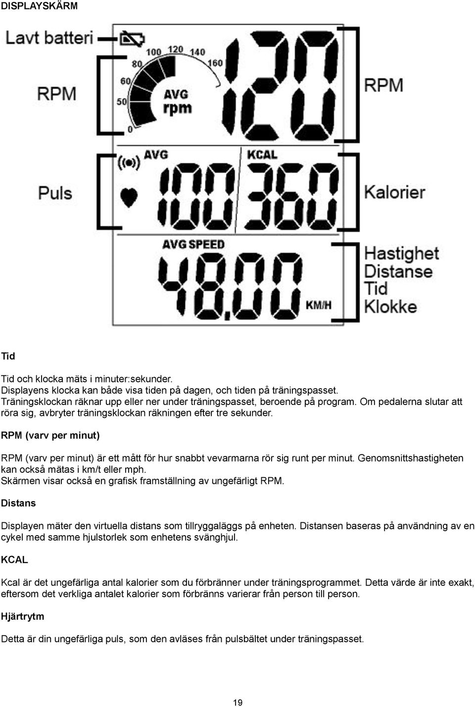 RPM (varv per minut) RPM (varv per minut) är ett mått för hur snabbt vevarmarna rör sig runt per minut. Genomsnittshastigheten kan också mätas i km/t eller mph.