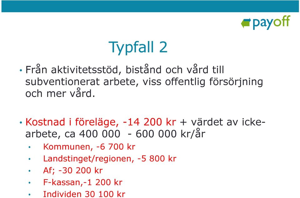 Kostnad i föreläge, -14 200 kr + värdet av ickearbete, ca 400 000-600 000