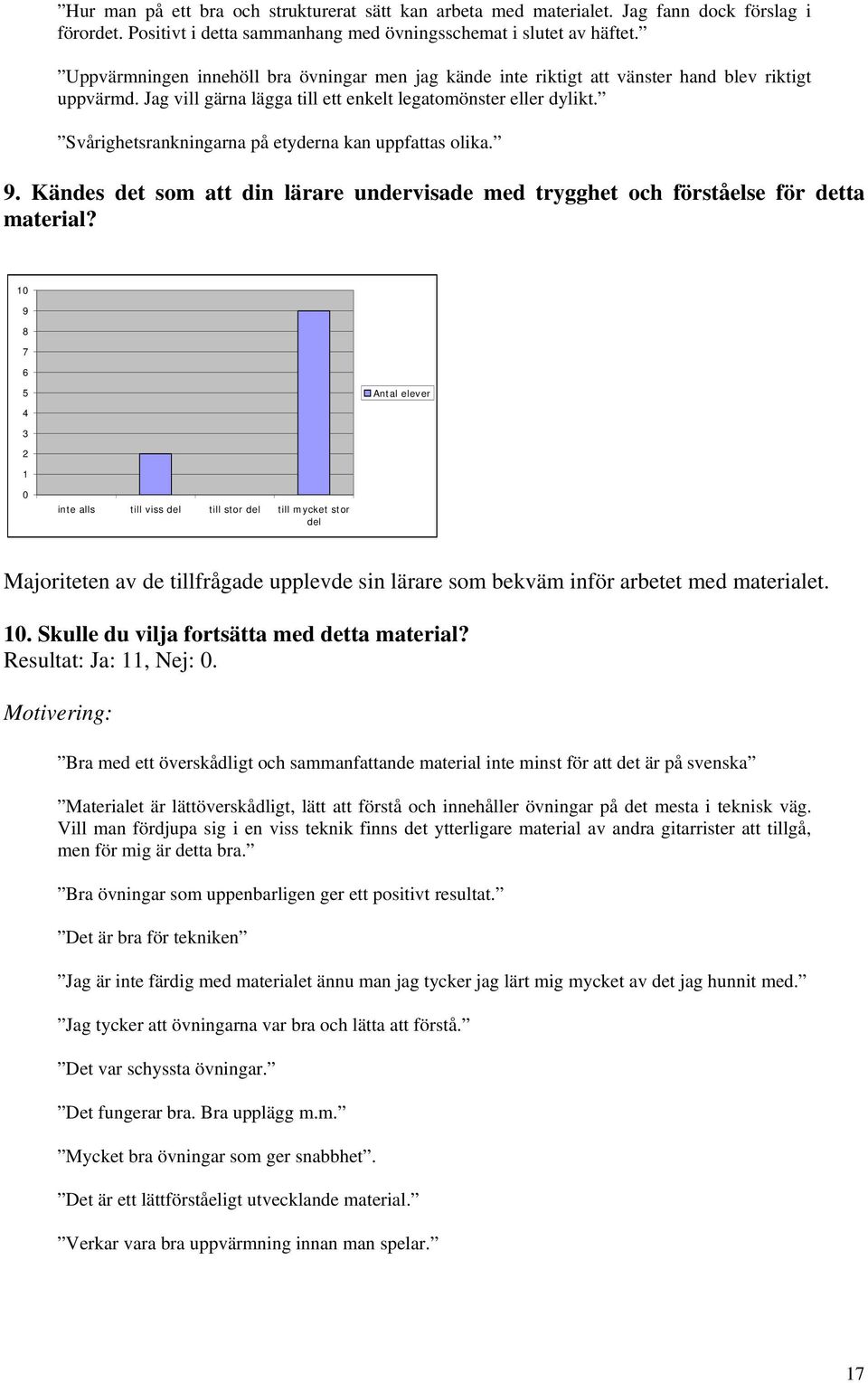 Svårighetsrankningarna på etyderna kan uppfattas olika. 9. Kändes det som att din lärare undervisade med trygghet och förståelse för detta material?