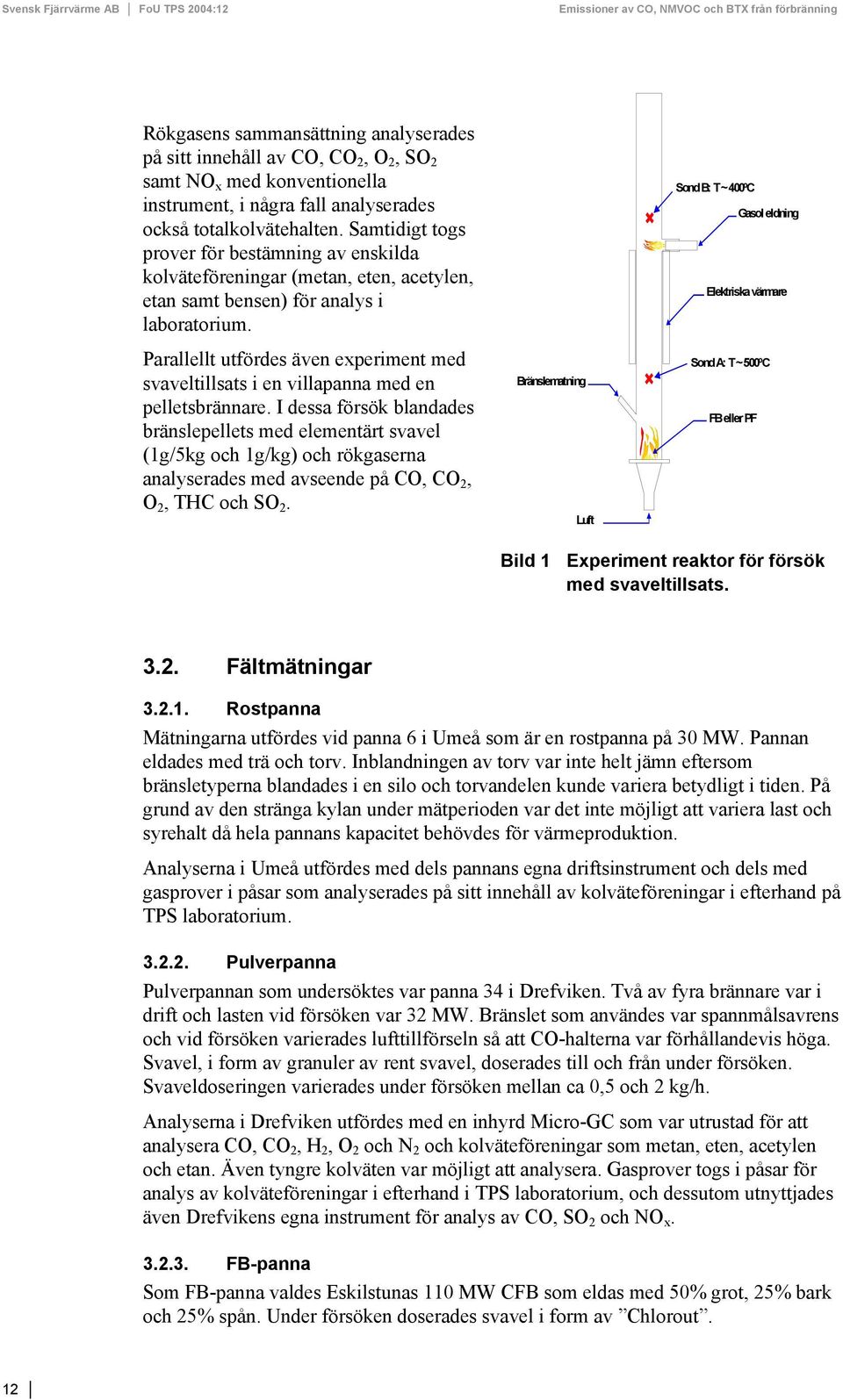 Sond B: T ~ 400ºC Gasol eldning Elektriska värmare Parallellt utfördes även experiment med svaveltillsats i en villapanna med en pelletsbrännare.