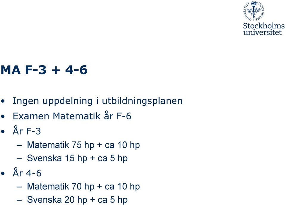 F-3 Matematik 75 hp + ca 10 hp Svenska 15 hp +