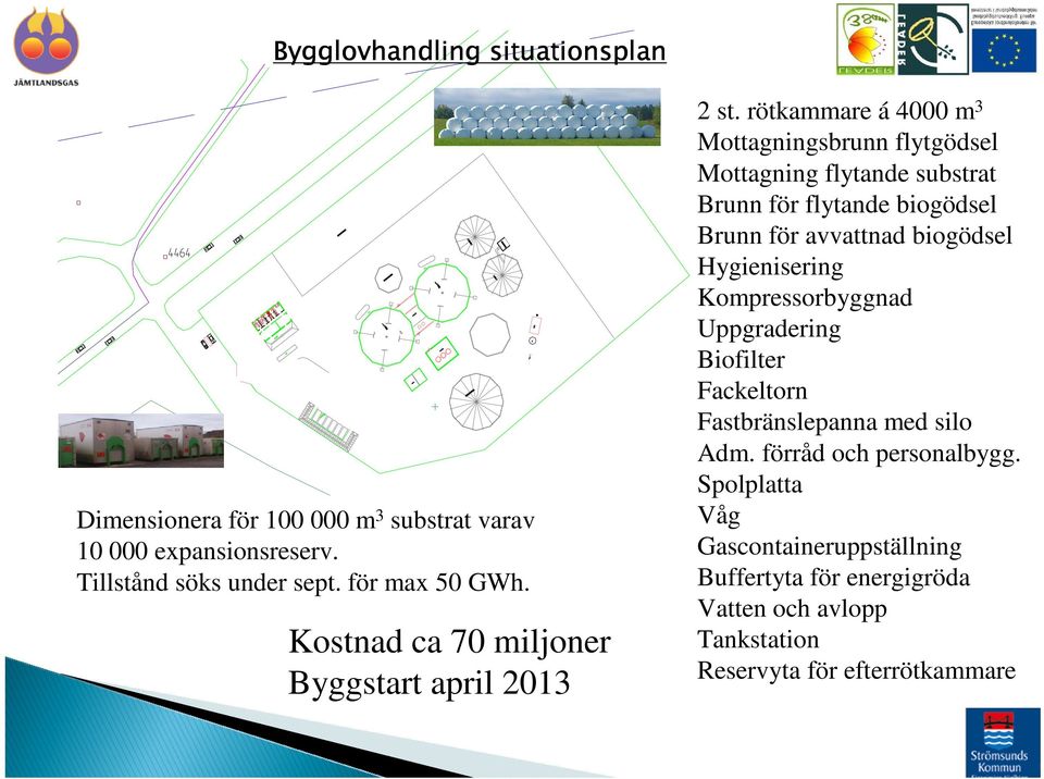 rötkammare á 4000 m 3 Mottagningsbrunn flytgödsel Mottagning flytande substrat Brunn för flytande biogödsel Brunn för avvattnad biogödsel