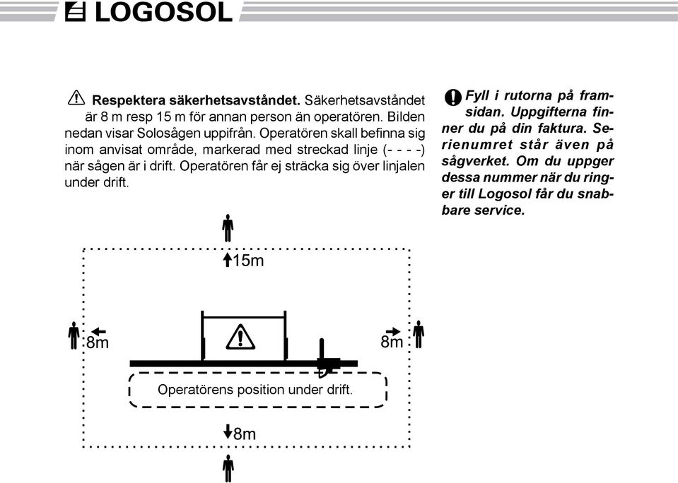 Operatören skall befinna sig inom anvisat område, markerad med streckad linje (- - - -) när sågen är i drift.