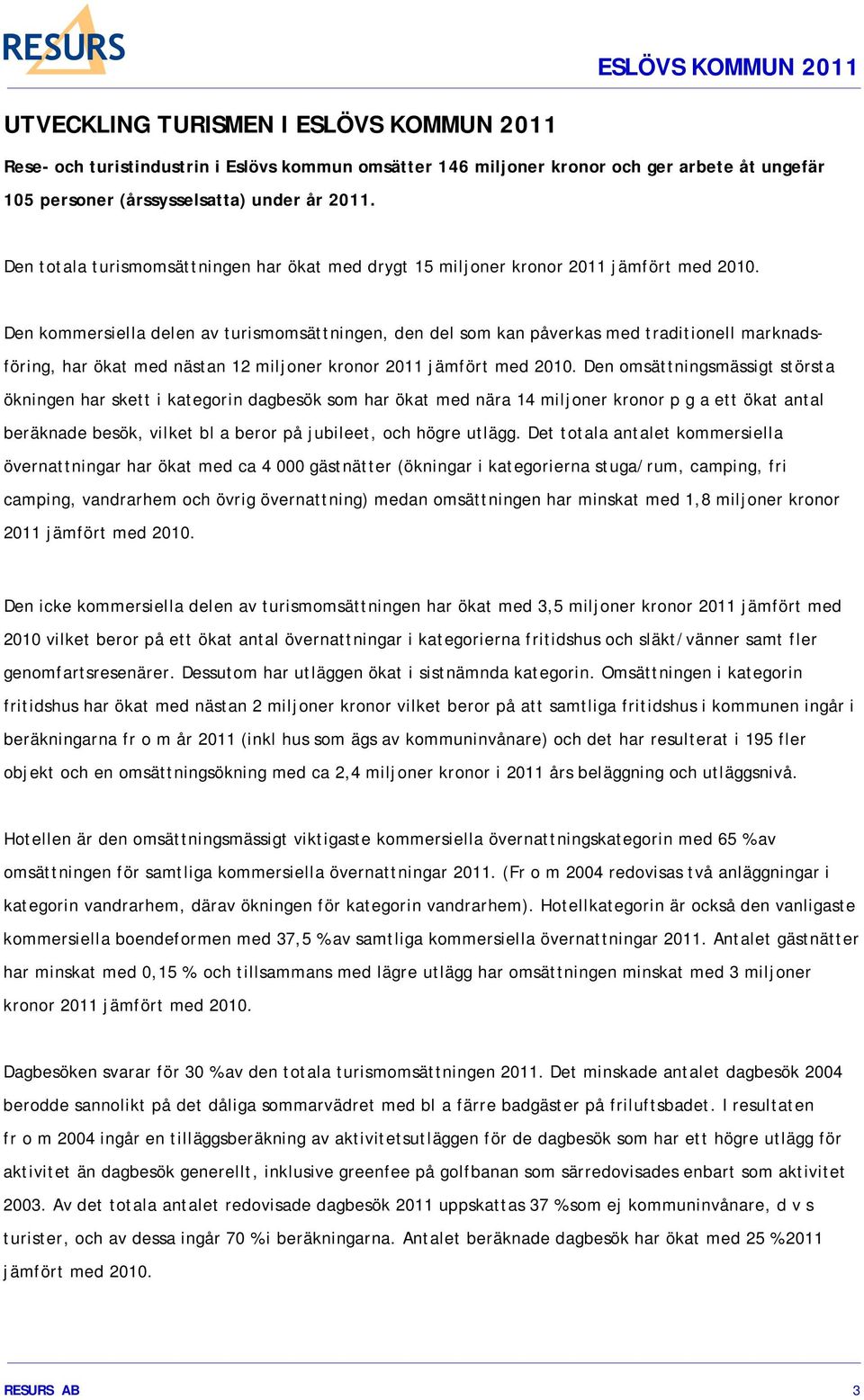 Den kommersiella delen av turismomsättningen, den del som kan påverkas med traditionell marknadsföring, har ökat med nästan 12 miljoner kronor 2011 jämfört med 2010.