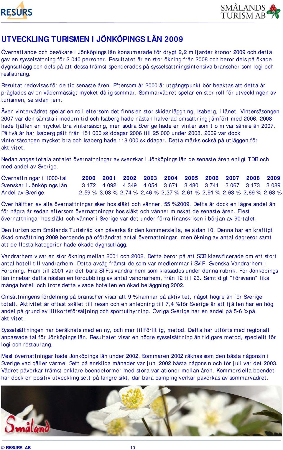 Resultat redovisas för de tio senaste åren. Eftersom år 2000 är utgångspunkt bör beaktas att detta år präglades av en vädermässigt mycket dålig sommar.