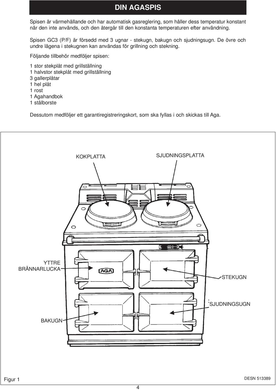 Följande tillbehör medföljer spisen: 1 stor stekplåt med grillställning 1 halvstor stekplåt med grillställning 3 gallerplåtar 1 hel plåt 1 rost 1 Agahandbok 1 stålborste