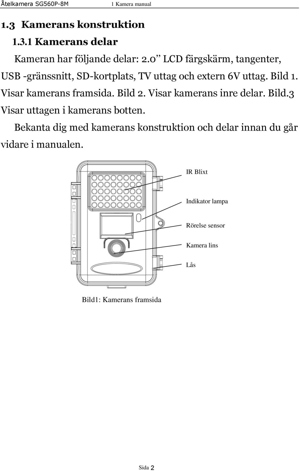 Visar kamerans framsida. Bild 2. Visar kamerans inre delar. Bild.3 Visar uttagen i kamerans botten.