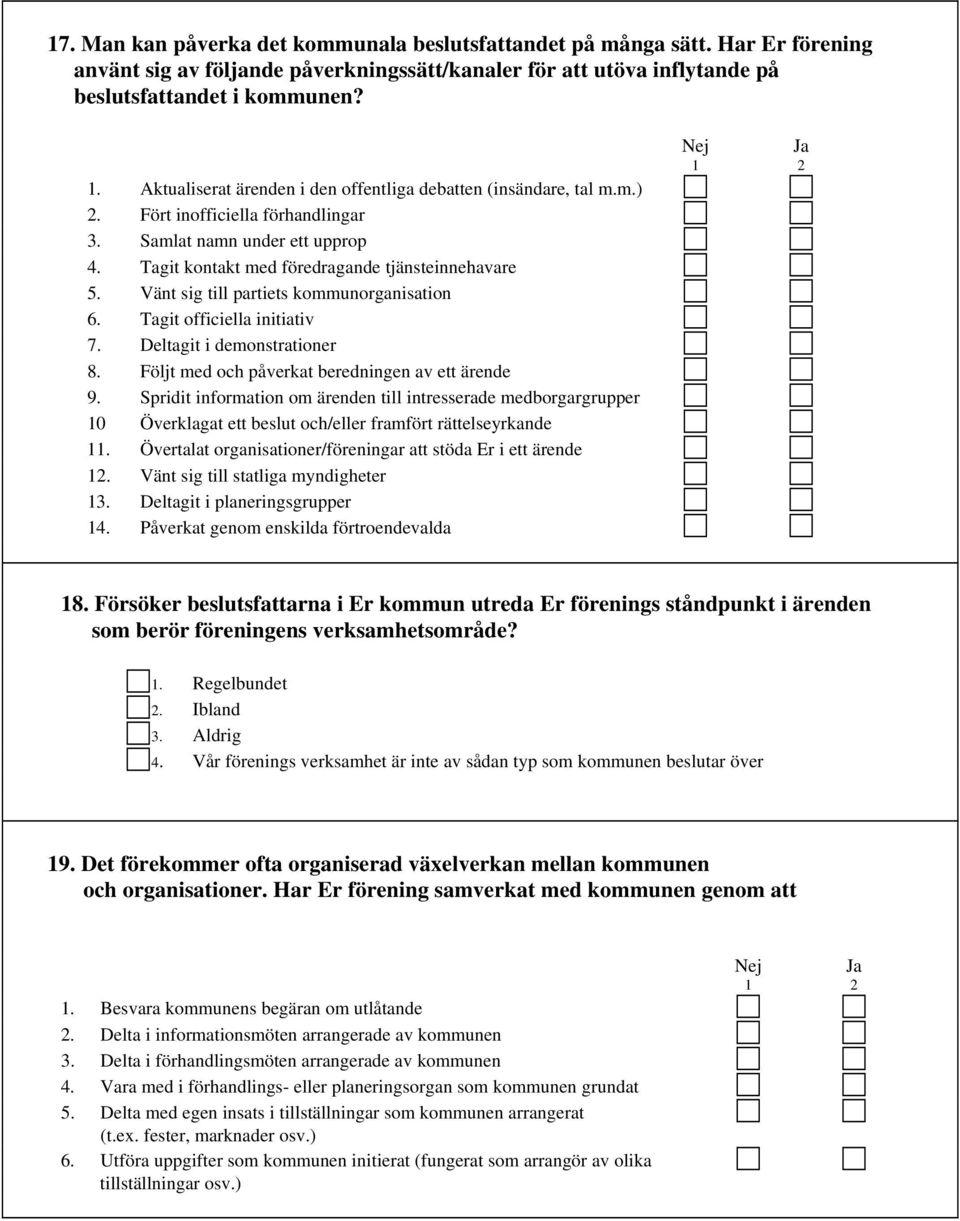 Vänt sig till partiets kommunorganisation 6. Tagit officiella initiativ 7. Deltagit i demonstrationer 8. Följt med och påverkat beredningen av ett ärende 9.