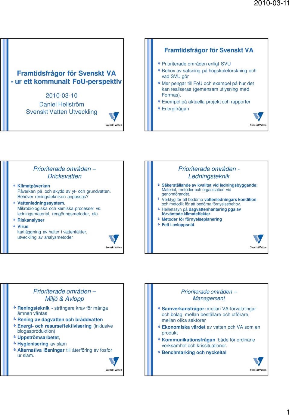 Exempel på aktuella projekt och rapporter Energifrågan Dricksvatten Klimatpåverkan Påverkan på och skydd av yt- och grundvatten. Behöver reningstekniken anpassas? Vattenledningssystem.