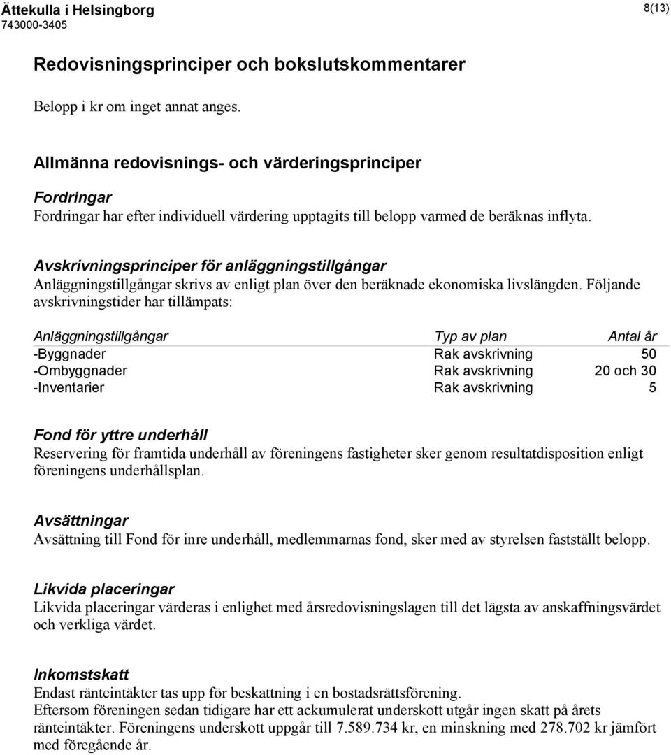 Avskrivningsprinciper för anläggningstillgångar Anläggningstillgångar skrivs av enligt plan över den beräknade ekonomiska livslängden.