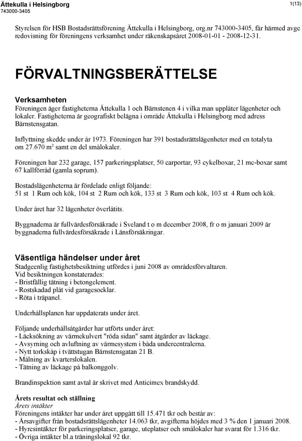 Fastigheterna är geografiskt belägna i område Ättekulla i Helsingborg med adress Bärnstensgatan. Inflyttning skedde under år 1973. Föreningen har 391 bostadsrättslägenheter med en totalyta om 27.