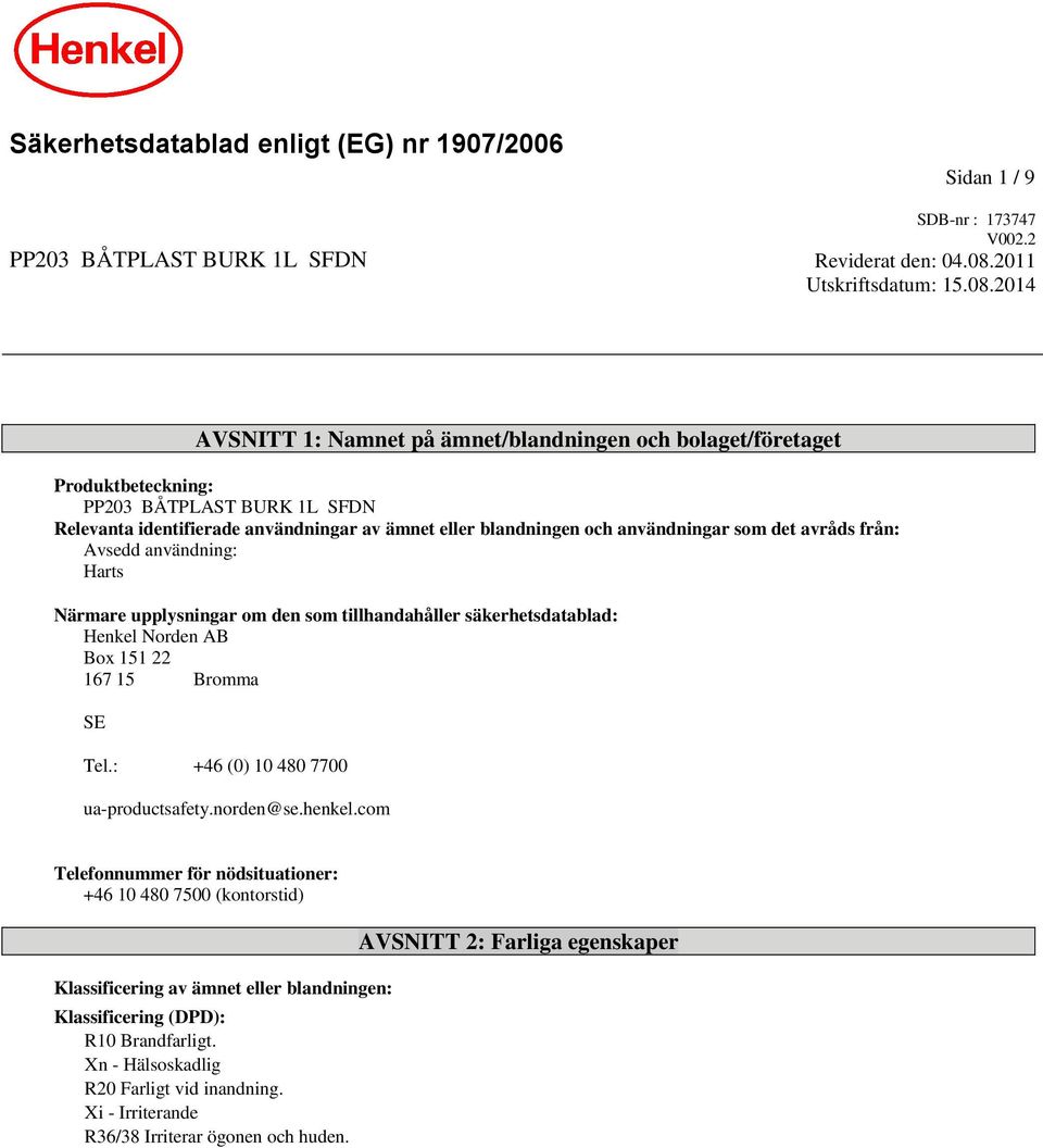 2014 AVSNITT 1: Namnet på ämnet/blandningen och bolaget/företaget Produktbeteckning: PP203 BÅTPLAST BURK 1L SFDN Relevanta identifierade användningar av ämnet eller blandningen och användningar som