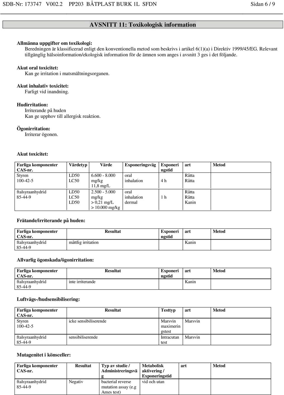 6(1)(a) i Direktiv 1999/45/EG. Relevant tillgänglig hälsoinformation/ekologisk information för de ämnen som anges i avsnitt 3 ges i det följande.