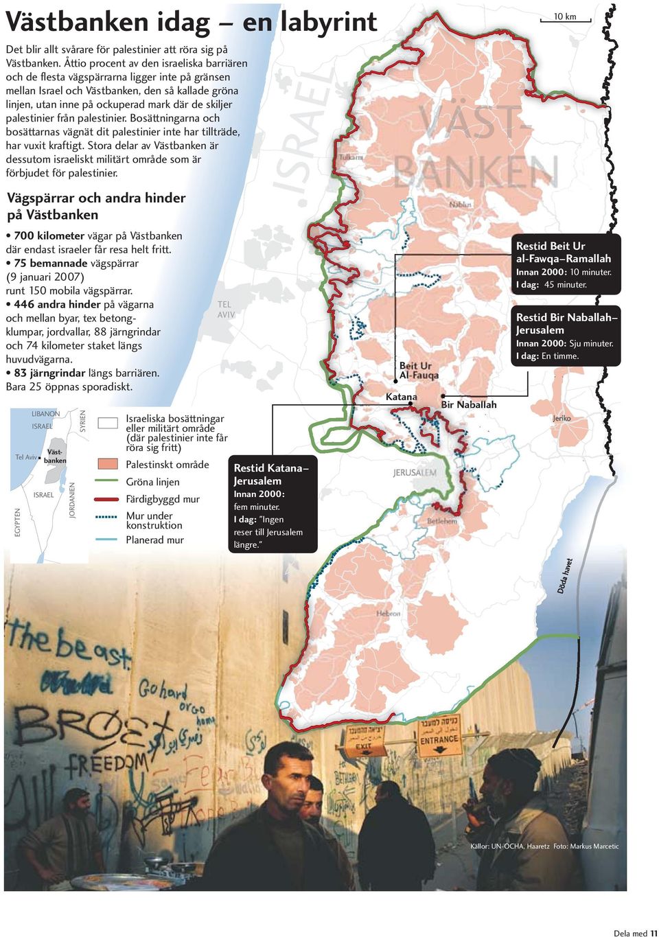 I dag: 45 minuter. Gröna linjen Färdigbyggd mur Mur under konstruktion Planerad mur Restid Katana Jerusalem JERUSALEM Innan 2000: fem minuter. I dag: "Ingen reser till Jerusalem längre.