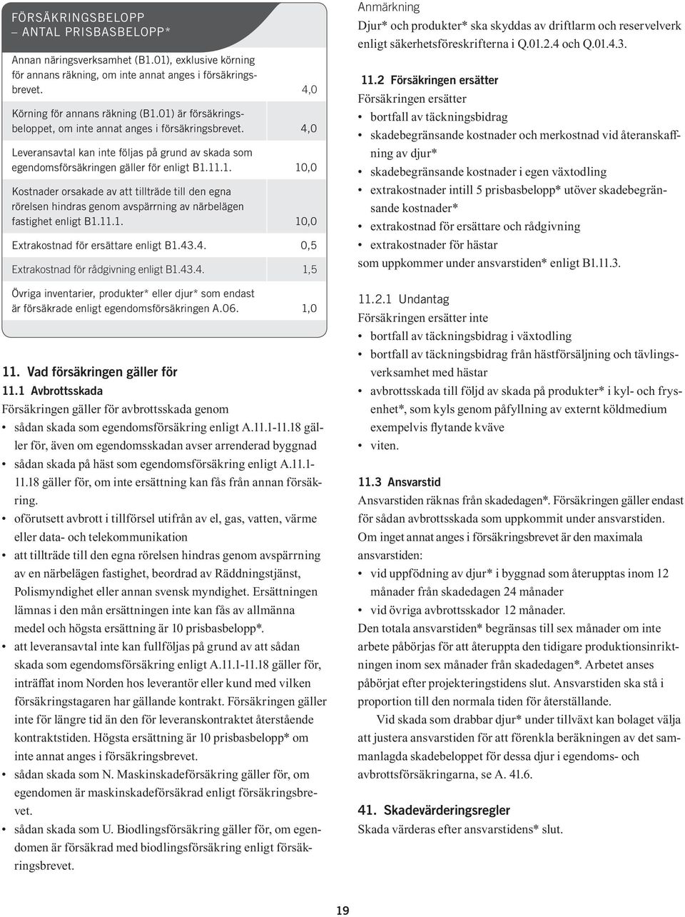 11.1. 10,0 Extrakostnad för ersättare enligt B1.43.4. 0,5 Extrakostnad för rådgivning enligt B1.43.4. 1,5 Övriga inventarier, produkter* eller djur* som endast är försäkrade enligt egendomsförsäkringen A.