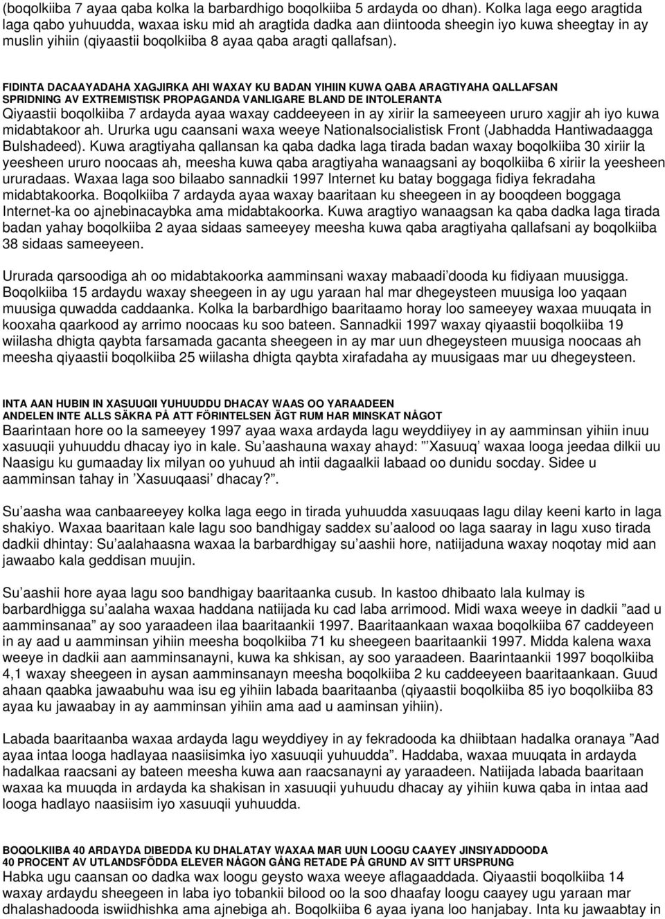 FIDINTA DACAAYADAHA XAGJIRKA AHI WAXAY KU BADAN YIHIIN KUWA QABA ARAGTIYAHA QALLAFSAN SPRIDNING AV EXTREMISTISK PROPAGANDA VANLIGARE BLAND DE INTOLERANTA Qiyaastii boqolkiiba 7 ardayda ayaa waxay