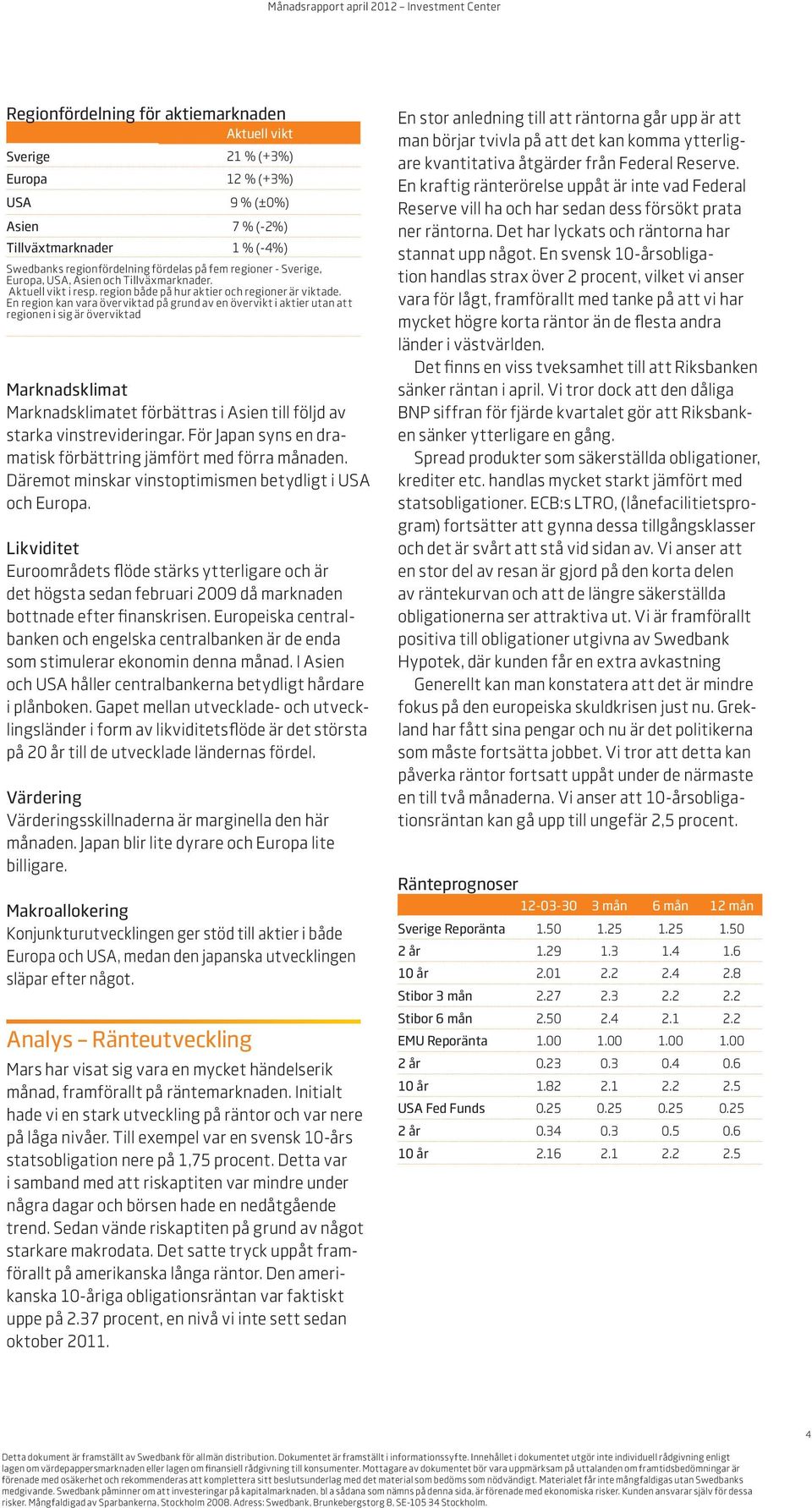 En region kan vara överviktad på grund av en övervikt i aktier utan att regionen i sig är överviktad Marknadsklimat Marknadsklimatet förbättras i Asien till följd av starka vinstrevideringar.