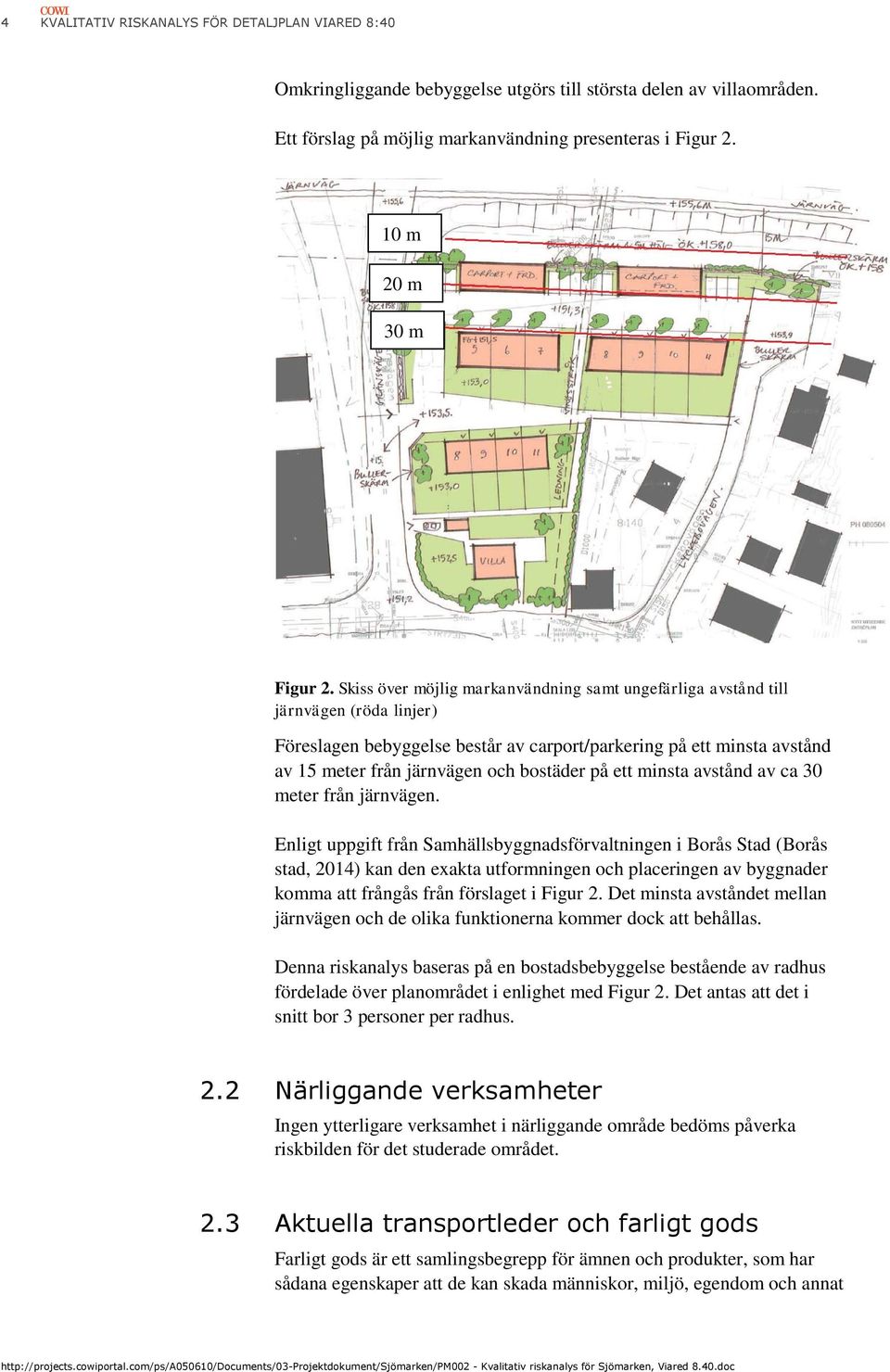 Skiss över möjlig markanvändning samt ungefärliga avstånd till järnvägen (röda linjer) Föreslagen bebyggelse består av carport/parkering på ett minsta avstånd av 15 meter från järnvägen och bostäder