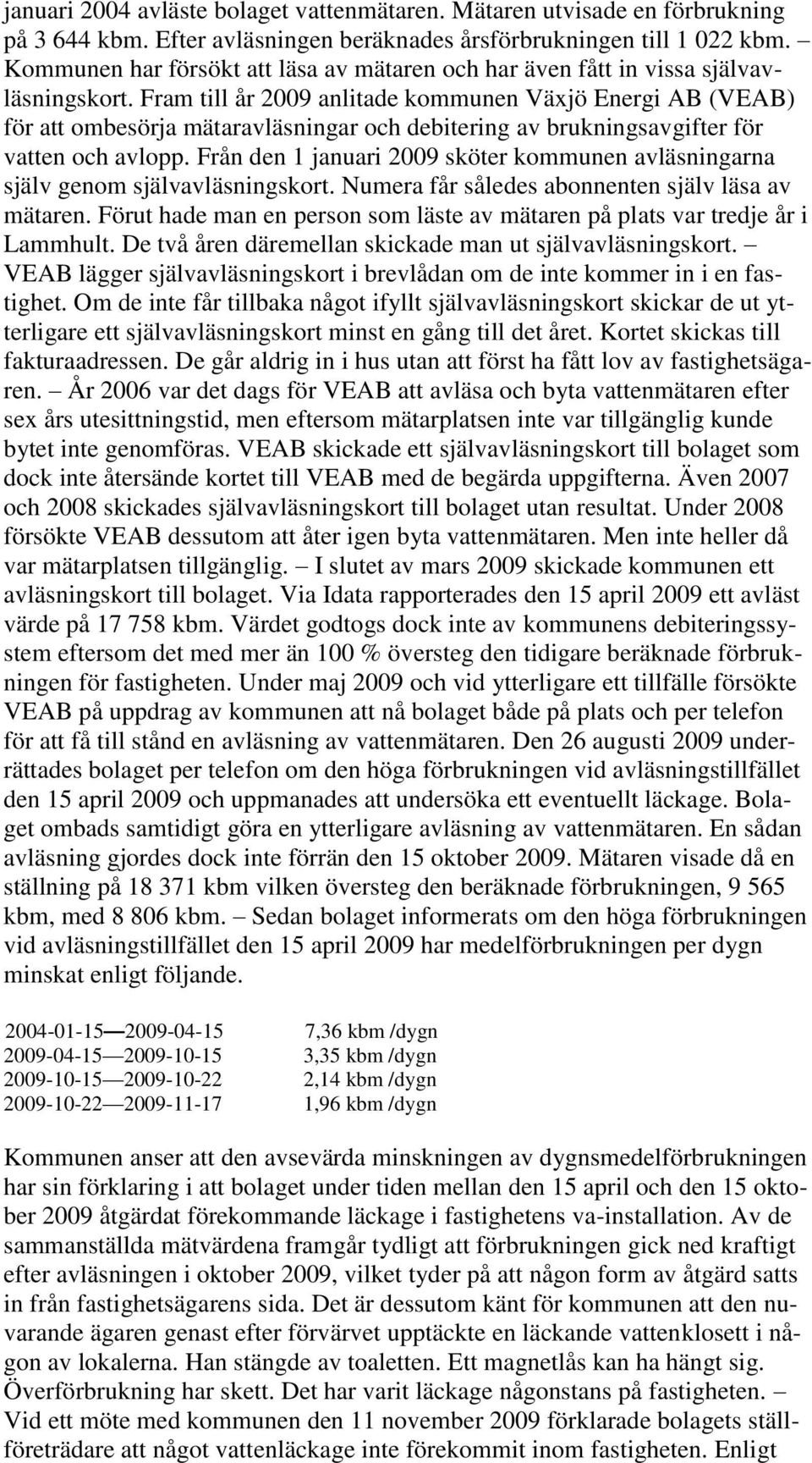 Fram till år 2009 anlitade kommunen Växjö Energi AB (VEAB) för att ombesörja mätaravläsningar och debitering av brukningsavgifter för vatten och avlopp.