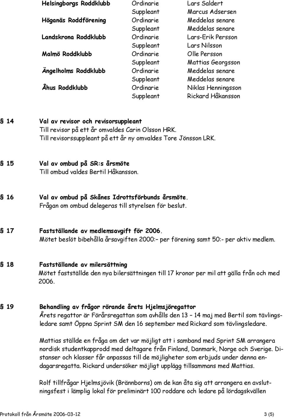 Henningsson Suppleant Rickard Håkansson 14 Val av revisor och revisorsuppleant Till revisor på ett år omvaldes Carin Olsson HRK. Till revisorssuppleant på ett år ny omvaldes Tore Jönsson LRK.