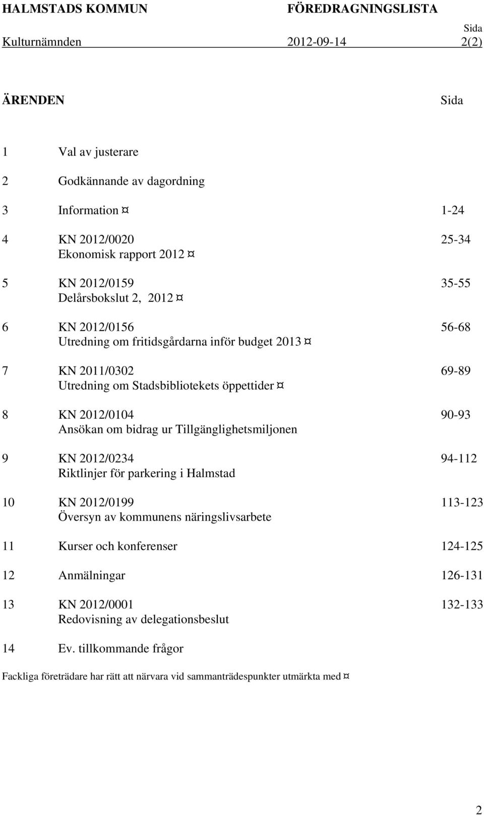 Tillgänglighetsmiljonen 9 KN 2012/0234 Riktlinjer för parkering i Halmstad 10 KN 2012/0199 Översyn av kommunens näringslivsarbete 25-34 35-55 56-68 69-89 90-93 94-112 113-123 11 Kurser och