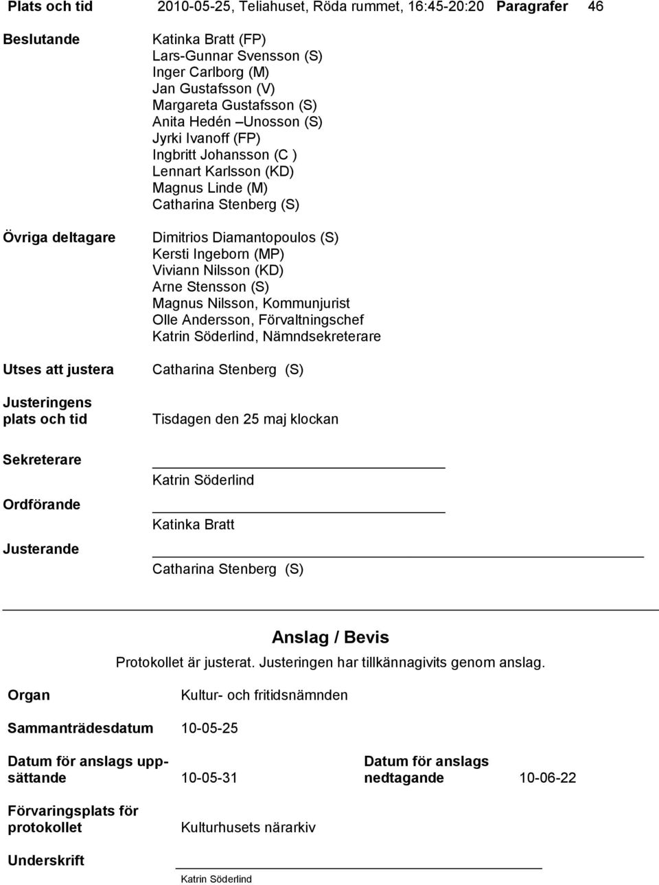 Diamantopoulos (S) Kersti Ingeborn (MP) Viviann Nilsson (KD) Arne Stensson (S) Magnus Nilsson, Kommunjurist Olle Andersson, Förvaltningschef Katrin Söderlind, Nämndsekreterare Catharina Stenberg (S)