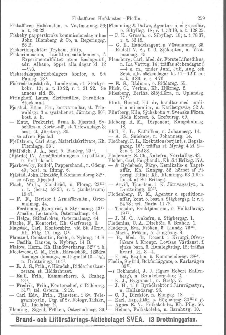 Fiskeriinspektör: Trybom, Filip. Rudolf V. S. f. d. Sjökapten, n. Väst Fiskerimuseum, Landtbruksakademiens, å mannag. 45. Experimentalfältet utom Roslagstull, Flensburg, Carl, Med.