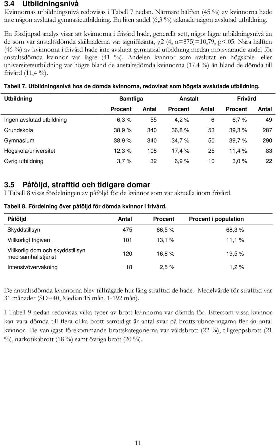 En fördjupad analys visar att kvinnorna i frivård hade, generellt sett, något lägre utbildningsnivå än de som var anstaltsdömda skillnaderna var signifikanta, χ2 (4, n=875)=10,79, p<.05.