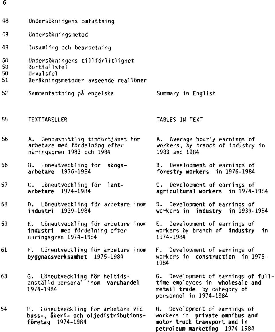 Löneutveckling för skogsarbetare 1976-1984 57 C. Löneutveckling för lantarbetare 1974-1984 58 D. Löneutveckling för arbetare inom industri 1939-1984 59 E.