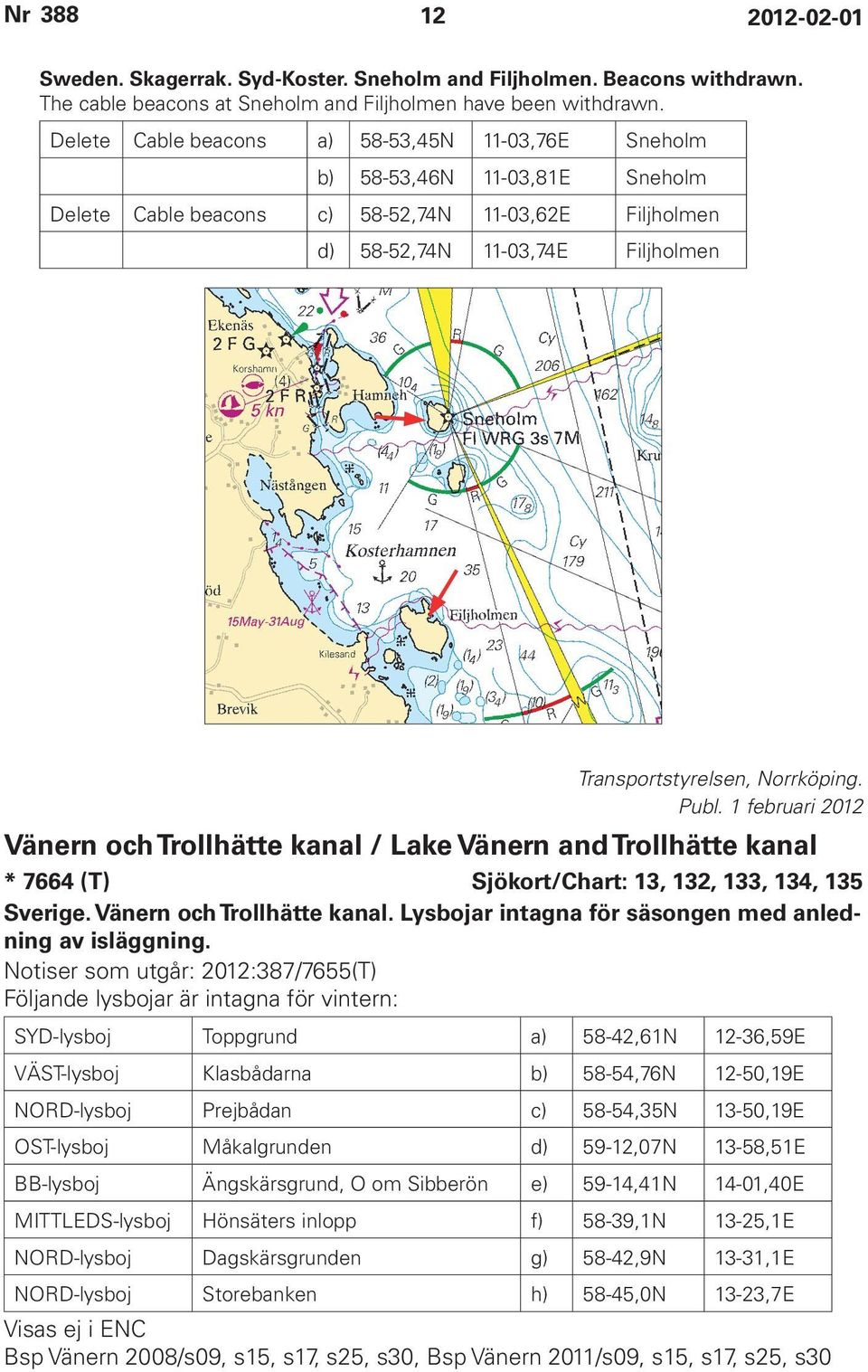 Norrköping. Vänern och Trollhätte kanal / Lake Vänern and Trollhätte kanal * 7664 (T) Sjökort/Chart: 13, 132, 133, 134, 135 Sverige. Vänern och Trollhätte kanal. Lysbojar intagna för säsongen med anledning av isläggning.