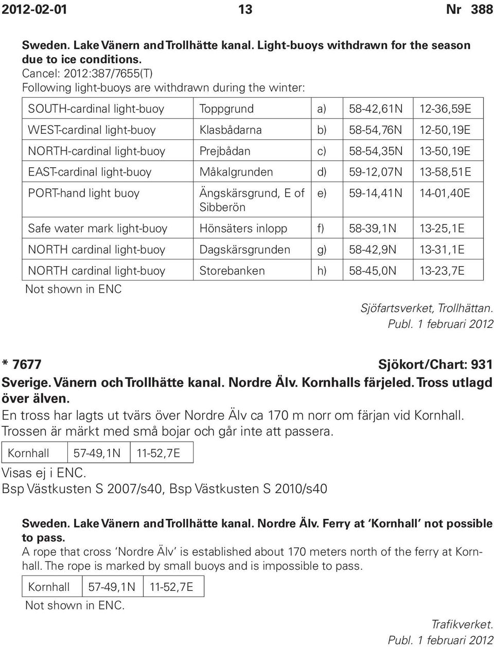 NORTH-cardinal light-buoy Prejbådan c) 58-54,35N 13-50,19E EAST-cardinal light-buoy Måkalgrunden d) 59-12,07N 13-58,51E PORT-hand light buoy Ängskärsgrund, E of Sibberön e) 59-14,41N 14-01,40E Safe