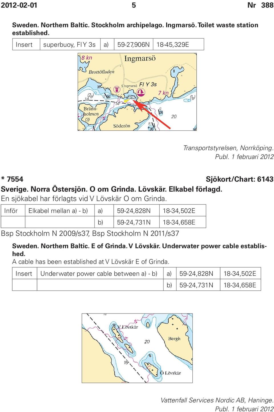 Inför Elkabel mellan a) - b) a) 59-24,828N 18-34,502E b) 59-24,731N 18-34,658E Bsp Stockholm N 2009/s37, Bsp Stockholm N 2011/s37 Sweden. Northern Baltic. E of Grinda. V Lövskär.