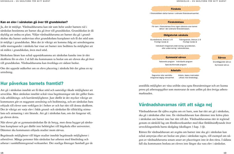 Väljer vårdnadshavarna att barnet ska gå i grundskolan ska barnet undervisas efter grundskolans kursplaner och få det stöd som är möjligt i grundskolan.